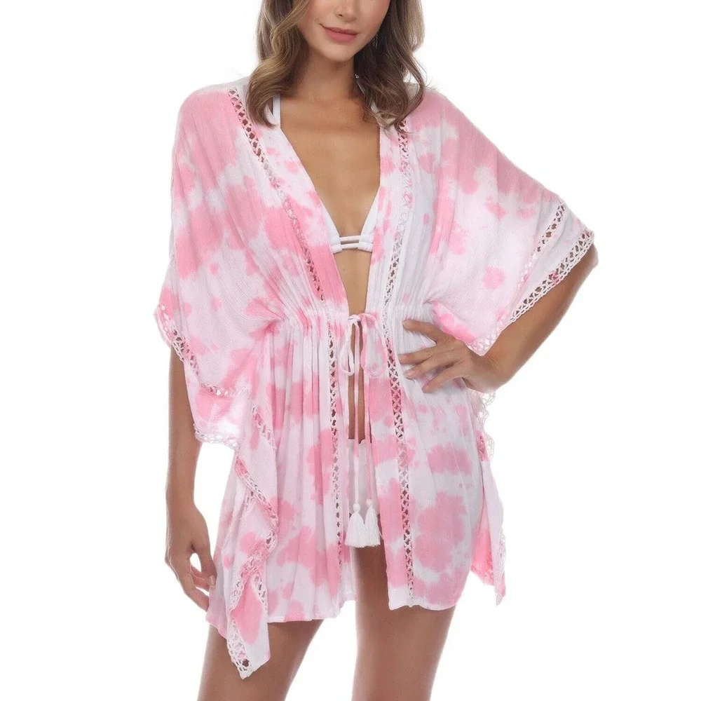 Raviya Pink Crochet-Trim Tie-Front Kimono Swim Cover-Up Size L